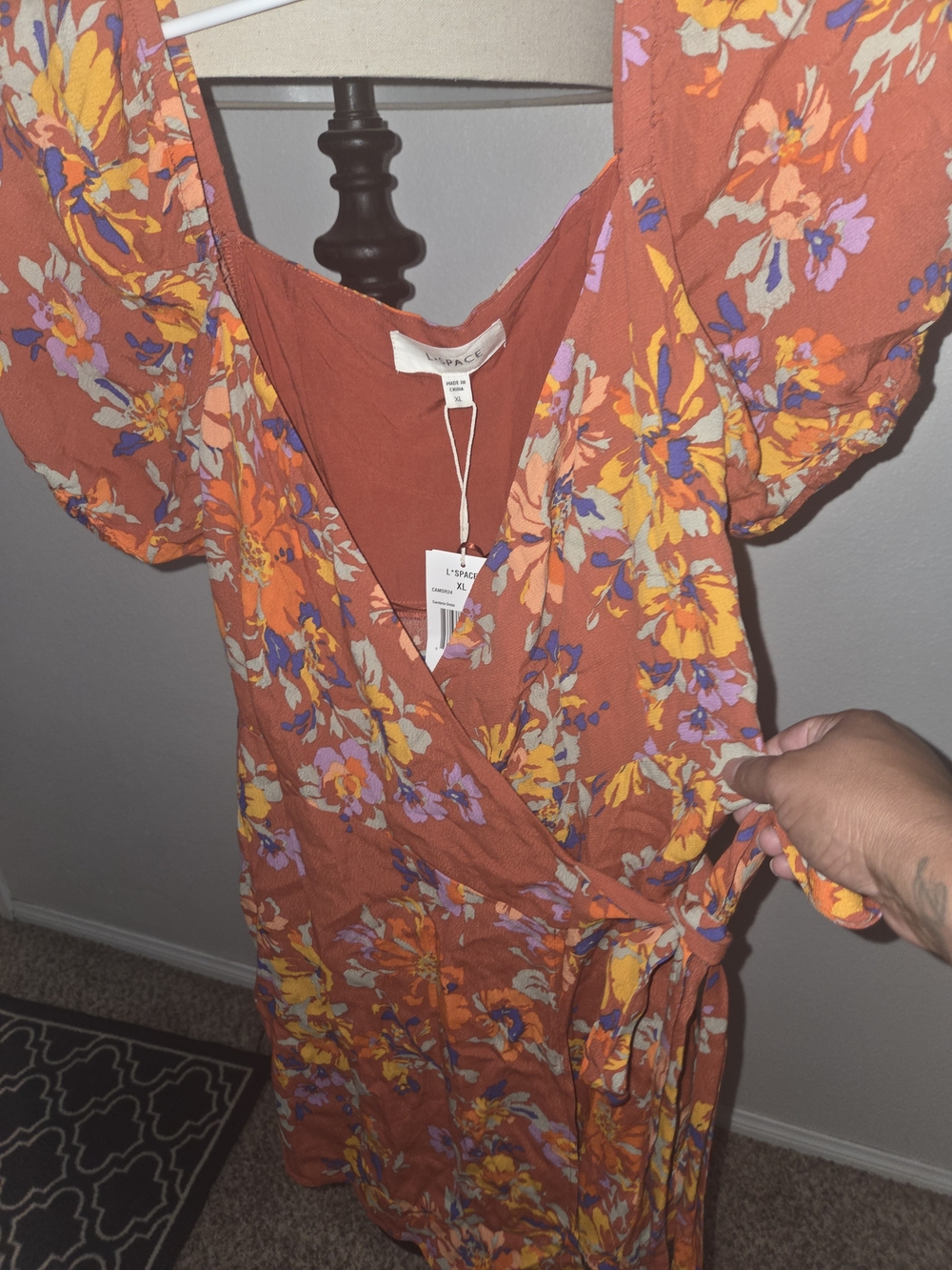 l*space Burnt Orange Floral Wrap Dress with Tie Waist